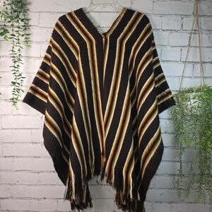 Retro Boho Hippie 80s Striped Poncho Gold Brown Striped Fringe Details OSFA
